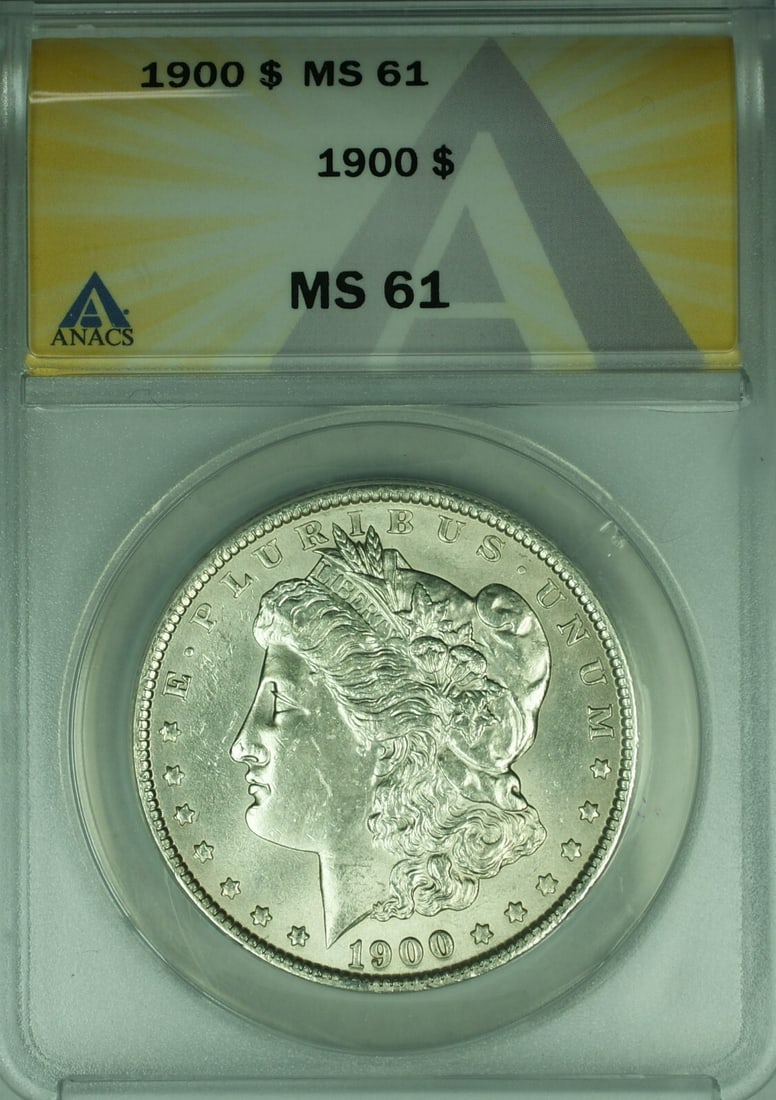 1900 Morgan Silver Dollar ANACS MS 61 Uncirculated Coin: 1900 Morgan Silver Dollar ANACS MS 61 Uncirculated Coin This 1900 Morgan Silver Dollar coin, certified by ANACS with a grade of MS 61, is a remarkable addition for collectors. Minted in Philadelphia, 