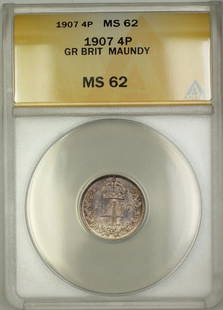 1907 King Edward VII Maundy 4P Silver Coin ANACS MS-62 Uncirculated: 1907 King Edward VII Maundy 4P Silver Coin ANACS MS-62 Uncirculated This 1907 Great Britain King Edward VII Maundy Four Pence Silver Coin is a remarkable piece for collectors. Graded MS-62 by ANACS,