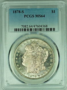 1878-S Morgan Silver Dollar PCGS MS 64 Uncirculated Silver Coin: 1878-S Morgan Silver Dollar PCGS MS 64 Uncirculated Silver Coin This 1878-S Morgan Silver Dollar is a stunning addition to any collection. Graded at MS 64 by PCGS, this uncirculated coin showcases