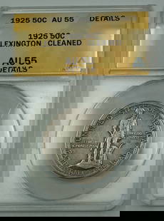 1925 Lexington Commemorative Silver Half Dollar Coin ANACS AU 55: 1925 Lexington Commemorative Silver Half Dollar Coin ANACS AU 55 This 1925 Lexington Commemorative Silver Half Dollar Coin showcases a rich history, minted in Philadelphia and composed of silver.