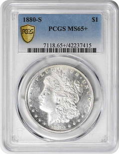 1880-S Morgan Silver Dollar MS65 PCGS Uncirculated Coin: 1880-S Morgan Silver Dollar MS65 PCGS Uncirculated Coin This 1880-S Morgan Silver Dollar is an uncirculated coin graded MS65 by PCGS, showcasing exceptional quality. Struck in San Francisco, this