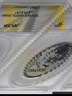 1979 Swiss 5 Francs Albert Einstein Coin ANACS MS 68 Uncirculated: 1979 Swiss 5 Francs Albert Einstein Coin ANACS MS 68 Uncirculated This 1979 Swiss 5 Francs coin features the renowned physicist Albert Einstein and is certified by ANACS with a remarkable grade of MS