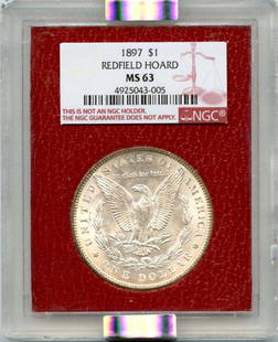 1897 NGC MS63 Morgan Silver Dollar Redfield Hoard San Francisco: 1897 NGC MS63 Morgan Silver Dollar Redfield Hoard San Francisco This 1897 Morgan Silver Dollar is a stunning piece from the Redfield Hoard, certified by NGC with a grade of MS63, indicating its uncirc