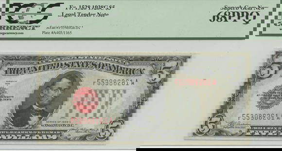 1928C $5 Legal Tender Note FR#1528 PCGS 68 Uncirculated Gem: 1928C $5 Legal Tender Note FR#1528 PCGS 68 Uncirculated Gem This is a 1928C $5 Legal Tender Note, designated as FR#1528, certified by PCGS Currency with a grade of MS68, indicating it is in uncirculat