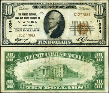 1929 T-1 $10 National Bank Note New York Ch #11034: 1929 T-1 $10 National Bank Note New York Ch #11034 This $10 National Bank Note from 1929 (Type T-1) features a grade of VF (Very Fine) and is categorized as circulated. It is a historical piece from t