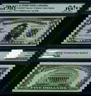 1934-D $5 Silver Certificate PMG CU64 EPQ Star Note: 1934-D $5 Silver Certificate PMG CU64 EPQ Star Note This 1934-D $5 Silver Certificate is a remarkable piece of currency, graded CU64 EPQ* by PMG, indicating its exceptional quality as a choice uncircu