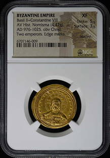 Basil II Constantine VIII Byzantine Gold Hist Nomisma NGC XF40: Basil II Constantine VIII Byzantine Gold Hist Nomisma NGC XF40 This Byzantine gold hist nomisma features the coins of Basil II and Constantine VIII, expertly certified by NGC with a grade of XF40.