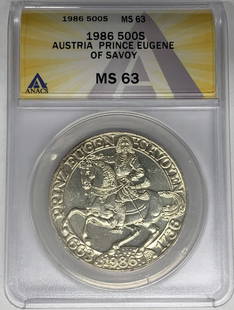 1986 Austria 500 Schilling Silver Coin Prince Eugene ANACS MS 63: 1986 Austria 500 Schilling Silver Coin Prince Eugene ANACS MS 63 This stunning 1986 Austria 500 Shilling coin commemorates Prince Eugene of Savoy. It is certified by ANACS with a grade of MS 63,