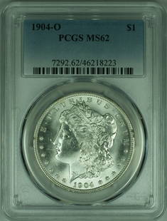 1904-O Morgan Silver Dollar Coin PCGS MS62 Uncirculated Silver Coin: 1904-O Morgan Silver Dollar Coin PCGS MS62 Uncirculated Silver Coin This 1904-O Morgan Silver Dollar is a remarkable uncirculated coin graded MS-62 by PCGS. Struck in 90% silver at the New Orleans