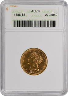 1886 $5 Gold Liberty Head AU55 Coin ANACS Certified: 1886 $5 Gold Liberty Head AU55 Coin ANACS Certified This 1886 $5 Gold Liberty Head coin is a remarkable piece certified by ANACS, featuring a grade of AU55. Minted in Philadelphia, it showcases