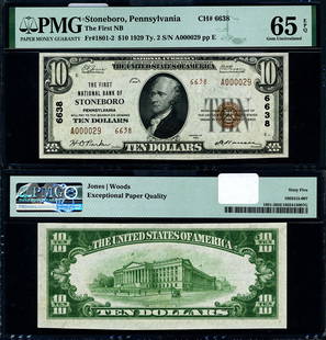 1929 T-2 $10 National Bank Note Stoneboro PA PMG CU65 Gem: 1929 T-2 $10 National Bank Note Stoneboro PA PMG CU65 Gem This 1929 T-2 National Bank Note from Stoneboro, PA, features a denomination of $10. It has been graded as CU65 EPQ Gem by PMG, indicating its