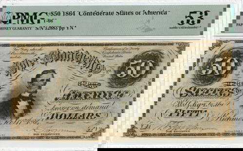 1864 $50 Confederate Currency PMG AU53 T-66 Collectible Note: 1864 $50 Confederate Currency PMG AU53 T-66 Collectible Note This 1864 $50 note from the Confederate States of America is certified by PMG with a grade of AU53, indicating its excellent condition. It