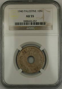 1940 Palestine 10 Mils Coin NGC AU-55 Certified Circulated: 1940 Palestine 10 Mils Coin NGC AU-55 Certified Circulated This 1940 Palestine 10 Mils coin is a notable piece of numismatic history, certified by NGC with a grade of AU-55. The coin has been circulat