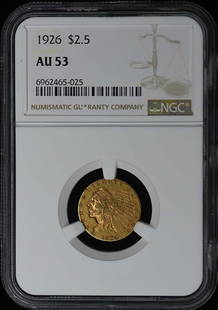 1926 Indian Head $2.50 Coin NGC AU53 Philadelphia Mint: 1926 Indian Head $2.50 Coin NGC AU53 Philadelphia Mint This 1926 Indian $2.50 coin is certified by NGC with an AU53 grade, indicating its well-preserved condition despite being circulated. Struck at t