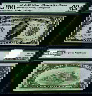 1928-A $10 Federal Reserve Note Cleveland D-A Block PMG CU63 EPQ: 1928-A $10 Federal Reserve Note Cleveland D-A Block PMG CU63 EPQ This uncirculated 1928-A $10 Federal Reserve Note from the Cleveland district is graded as CU63 EPQ by PMG, indicating its choice quali