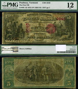 1875 $5 National Bank Note Ch #2545 PMG Fine 12: 1875 $5 National Bank Note Ch #2545 PMG Fine 12 This is a $5 National Bank Note from 1875, designated as Ch #2545, and graded Fine 12 by PMG. The note has been circulated and carries the certification