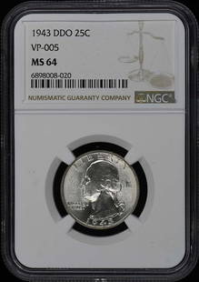 1943 DDO Washington Quarter NGC MS64 Uncirculated Coin: 1943 DDO Washington Quarter NGC MS64 Uncirculated Coin This 1943 DDO Washington Quarter is a remarkable addition for any coin enthusiast. Graded MS64 by NGC, this coin is uncirculated, showcasing its