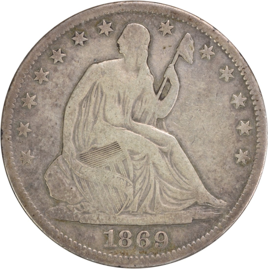 1869-S Liberty Seated Half Dollar 90% Silver Uncertified Coin: 1869-S Liberty Seated Half Dollar 90% Silver Uncertified Coin This 1869-S Liberty Seated Silver Half Dollar is a beautifully circulated piece, showcasing the artistry of designers Thomas Sully and Chr