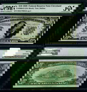 1928 $10 Federal Reserve Note Cleveland D-A Block PMG CU64 EPQ: 1928 $10 Federal Reserve Note Cleveland D-A Block PMG CU64 EPQ This 1928 Federal Reserve Note from the Cleveland district features a denomination of $10 and is graded as CU64 EPQ Choice by PMG, indica