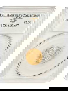 1901 Liberty Head $2.50 Gold Coin PCGS MS67 Ex D.L. Hansen: 1901 Liberty Head $2.50 Gold Coin PCGS MS67 Ex D.L. Hansen This 1901 $2.50 Liberty Head gold coin is graded MS67 by PCGS, representing an uncirculated condition. As a part of the Liberty Head series,