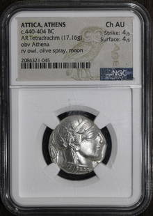 Ancient Greek 404 BC Tetradrachm Owl Coin Certified NGC AU: Ancient Greek 404 BC Tetradrachm Owl Coin Certified NGC AU This ancient Greek Tetradrachm, minted in Athens circa 440-404 BC, features the iconic owl, a symbol of wisdom and the city of Athens. Made o