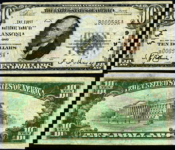 1929 T-1 $10 National Bank Note Ansonia Ohio Ch #9194 VF: 1929 T-1 $10 National Bank Note Ansonia Ohio Ch #9194 VF This $10 National Bank Note from 1929, issued by the First National Bank of Ansonia, Ohio, is a collectible piece of currency. Graded as Very F