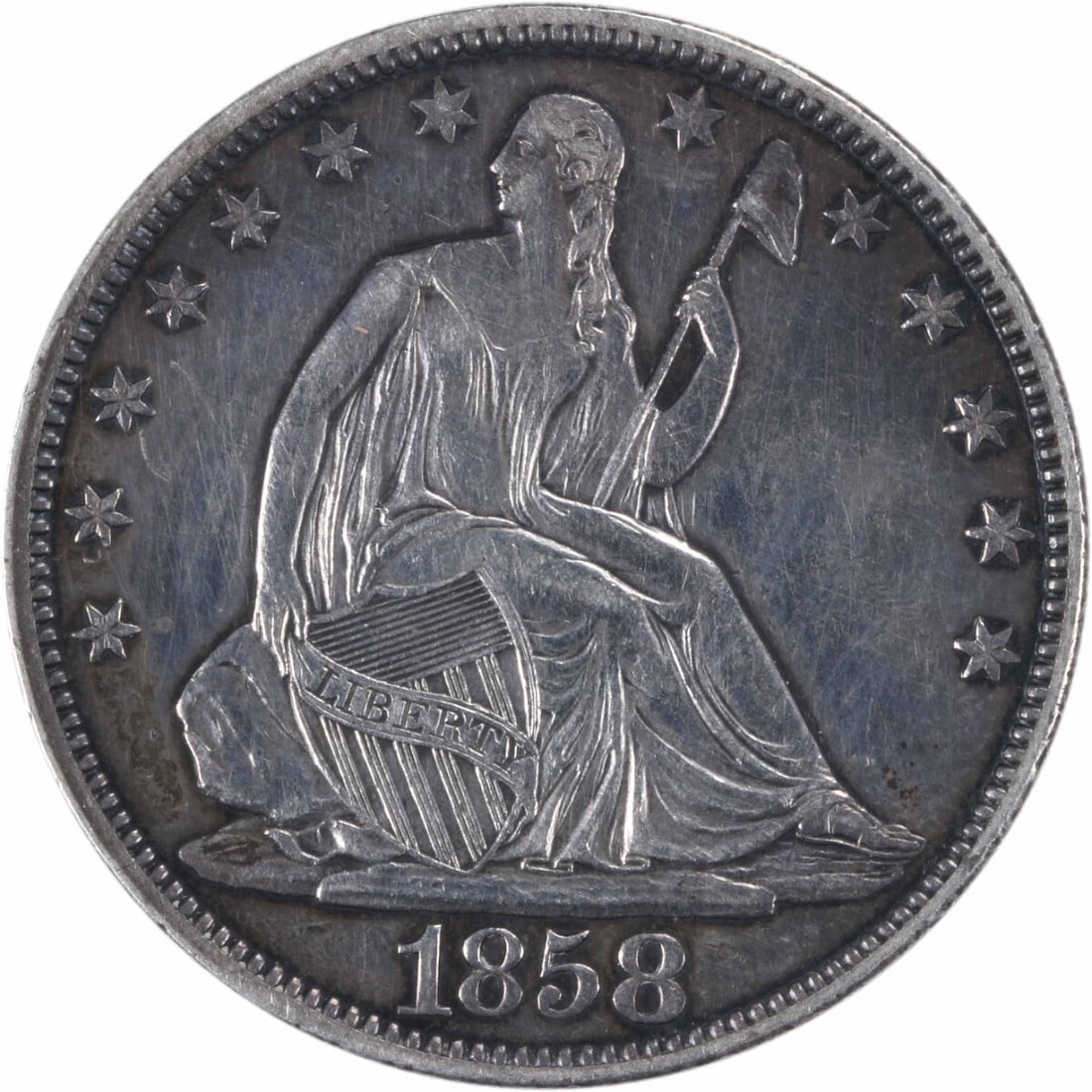 1858 Liberty Seated Half Dollar 90% Silver AU Philadelphia: 1858 Liberty Seated Half Dollar 90% Silver AU Philadelphia This 1858 Liberty Seated Silver Half Dollar showcases the artistry of designers Thomas Sully and Christian Gobrecht. Struck in Philadelphia,