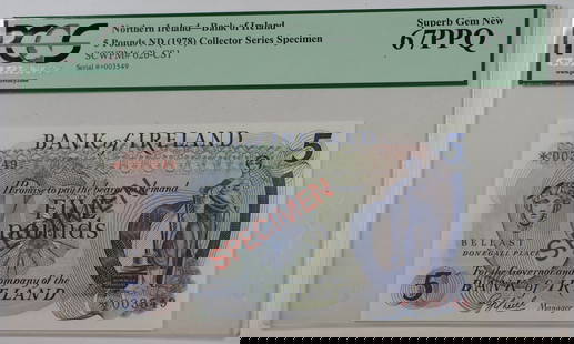1978 Northern Ireland 5 Pound Specimen Banknote PCGS 67 EPQ Superb Gem: 1978 Northern Ireland 5 Pound Specimen Banknote PCGS 67 EPQ Superb Gem This outstanding 1978 Northern Ireland 5 Pound Specimen banknote is a remarkable piece for collectors. Certified by PCGS Currency
