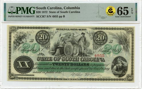 1872 South Carolina $20 Obsolete Note PMG MS65 Gem65 EPQ: 1872 South Carolina $20 Obsolete Note PMG MS65 Gem65 EPQ This is an uncirculated $20 South Carolina note from 1872, certified by PMG with a grade of MS65. The note is categorized as an obsolete curren