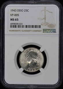 1943 DDO Washington Quarter NGC MS65 Uncirculated Coin: 1943 DDO Washington Quarter NGC MS65 Uncirculated Coin This 1943 DDO Washington Quarter is certified by NGC with a remarkable grade of MS65, indicating it is in uncirculated condition. The coin showca