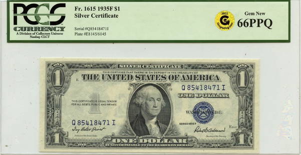 1935F $1 Silver Certificate FR1615 PCGS 66 Gem Uncirculated: 1935F $1 Silver Certificate FR1615 PCGS 66 Gem Uncirculated This 1935F $1 Silver Certificate (FR#1615) is graded MS66 by PCGS Currency, indicating its Gem Uncirculated condition. This note is a remark