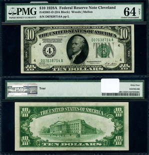 1928-A $10 Federal Reserve Note Cleveland D-A Block PMG CU64: 1928-A $10 Federal Reserve Note Cleveland D-A Block PMG CU64 This is a 1928-A Federal Reserve Note featuring the Cleveland D-A Block. It is graded as CU64 NET Choice by PMG, indicating its high qualit