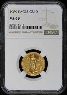 1989 Eagle G$10 Coin NGC MS69 Certified 8295912013: 1989 Eagle G$10 Coin NGC MS69 Certified 8295912013 This 1989 Eagle G$10 coin is certified by NGC with an impressive grade of MS69, reflecting its excellent condition. The certification number for this
