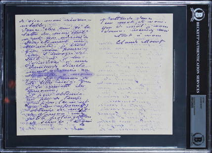 Claude Monet 3x Signed 7x9 Letter Authenticated by Beckett: Claude Monet 3x Signed 7x9 Letter Authenticated by Beckett This authentic 7x9 hand-written letter is a remarkable piece of historical correspondence from the renowned Impressionist artist Claude Monet