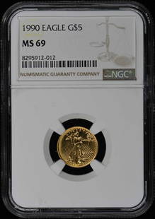 1990 Eagle G$5 Coin NGC MS69 Certified 8295912012: 1990 Eagle G$5 Coin NGC MS69 Certified 8295912012 This 1990 Eagle G$5 coin is certified by NGC with an impressive grade of MS69, indicating its remarkable quality and preservation. The certification n
