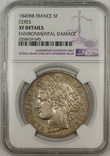 1849 Ceres 5 Francs Silver Coin NGC XF Details France: 1849 Ceres 5 Francs Silver Coin NGC XF Details France This 1849 Ceres 5 Francs silver coin from France is a remarkable piece of numismatic history. Graded as XF Details by NGC, it showcases environmen