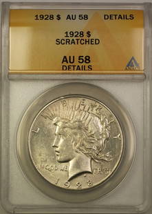 1928 Silver Peace Dollar Coin ANACS AU 58 Philadelphia Mint: 1928 Silver Peace Dollar Coin ANACS AU 58 Philadelphia Mint This 1928 Silver Peace Dollar is a notable piece of American numismatic history. Graded AU 58 by ANACS, this coin features the iconic design