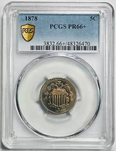 1878 P Nickel Shield Proof Coin PCGS PR-66+ Uncirculated: 1878 P Nickel Shield Proof Coin PCGS PR-66+ Uncirculated This stunning 1878 P Nickel Shield is graded PR-66+ by PCGS, indicating its exceptional quality and striking detail. This uncirculated proof