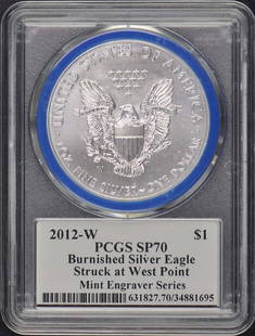 2012-W Silver Eagle PCGS MS70 Mercanti Series Pop 99: 2012-W Silver Eagle PCGS MS70 Mercanti Series Pop 99 This stunning 2012-W $1 Silver Eagle coin, part of the Mercanti Engraver Series, is certified by PCGS with a perfect grade of MS70. Minted at the