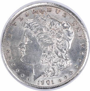 1901-S Morgan Silver Dollar AU Circulated San Francisco 90% Silver: 1901-S Morgan Silver Dollar AU Circulated San Francisco 90% Silver This 1901-S Morgan Silver Dollar is a stunning piece of numismatic history, showcasing the artistry of designer George T. Morgan.
