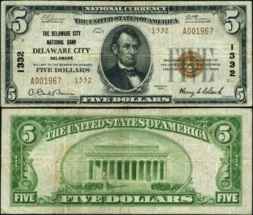 1929 T-2 $5 National Bank Note Delaware City Ch #1332: 1929 T-2 $5 National Bank Note Delaware City Ch #1332 This $5 National Bank Note from Delaware City, issued in 1929 (Type T-2), is a remarkable piece of numismatic history. Graded as VF (Very Fine),