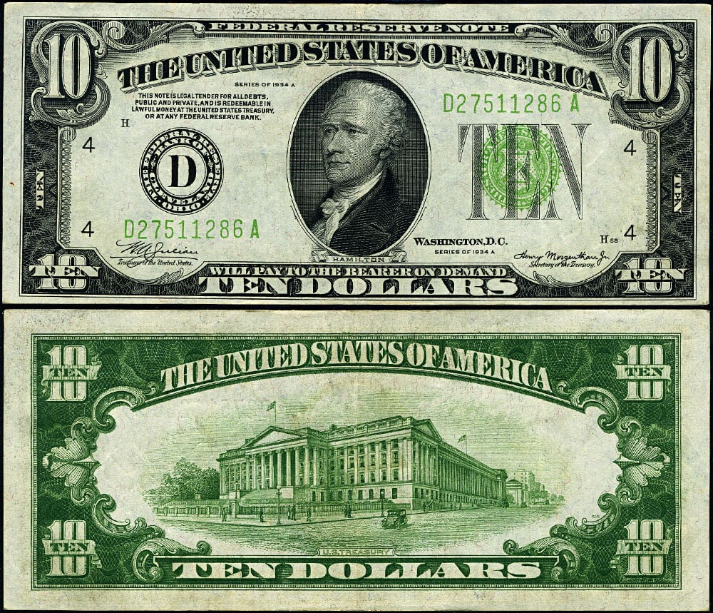 1934-A $10 Federal Reserve Note Cleveland D-A Block AU: 1934-A $10 Federal Reserve Note Cleveland D-A Block AU This 1934-A Federal Reserve Note features a denomination of $10 and is from the Cleveland D-A block. It is in circulated condition, graded AU (Ab