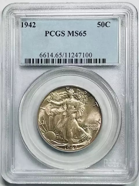 1942 P Walking Liberty Half Dollar PCGS MS 65 Silver Coin: 1942 P Walking Liberty Half Dollar PCGS MS 65 Silver Coin This 1942 P Walking Liberty Half Dollar is a remarkable piece of numismatic history, certified by PCGS with a grade of MS 65, indicating its u