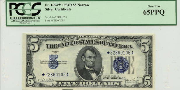 1934D $5 Silver Certificate Type 1654N PCGS Gem 65 Uncirculated: 1934D $5 Silver Certificate Type 1654N PCGS Gem 65 Uncirculated This is a 1934D $5 Silver Certificate, designated as Type 1654N. It has been graded by PCGS Currency with a certification number of 8007