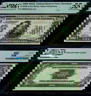 1934-A $500 Federal Reserve Note Cleveland D-A Block PMG AU55 EPQ: 1934-A $500 Federal Reserve Note Cleveland D-A Block PMG AU55 EPQ This $500 Federal Reserve Note from the 1934-A series features the Cleveland D-A block and is graded AU55 EPQ by PMG. It is a circulat