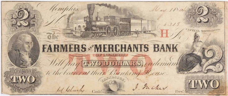 1854 Farmers and Merchants Bank $2 Note Uncertified XF: 1854 Farmers and Merchants Bank $2 Note Uncertified XF This is a $2 note from the Farmers and Merchants Bank of Memphis, TN, issued in 1854. The note is graded as Extra Fine (XF) and is marked as circ
