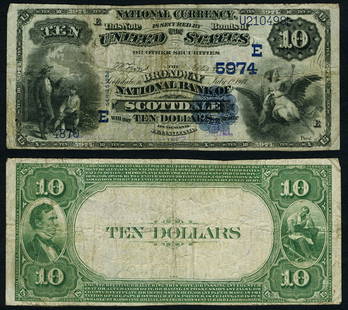 1882 VB $10 National Bank Note Broadway NB Scottdale PA Very Fine: 1882 VB $10 National Bank Note Broadway NB Scottdale PA Very Fine This 1882 VB $10 National Bank Note, issued by Broadway National Bank in Scottdale, PA, is a remarkable piece for collectors. The note