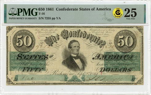 1861 $50 Confederate States Note PMG VF25 Gold Certified: 1861 $50 Confederate States Note PMG VF25 Gold Certified This 1861 $50 Confederate States of America note is graded VF25 by PMG, indicating its well-preserved condition despite being circulated. A rem