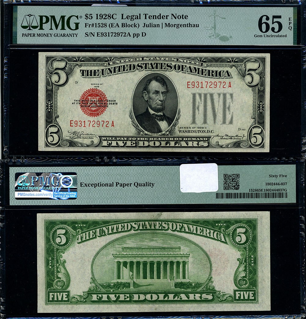 $5 1928-C Legal Tender Note PMG CU65 EPQ Gem Condition: $5 1928-C Legal Tender Note PMG CU65 EPQ Gem Condition This $5 1928-C Legal Tender note exemplifies the quality expected from Gem condition. Graded CU65 EPQ by PMG, this uncirculated bill showcases in