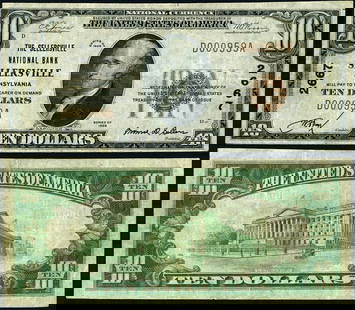 $10 1929 T-1 National Bank Note Sellersville PA Ch #2667: $10 1929 T-1 National Bank Note Sellersville PA Ch #2667 This $10 1929 T-1 National Bank Note from Sellersville, Pennsylvania, is a noteworthy collectible. It is in Very Fine Plus (VF+) condition, sho
